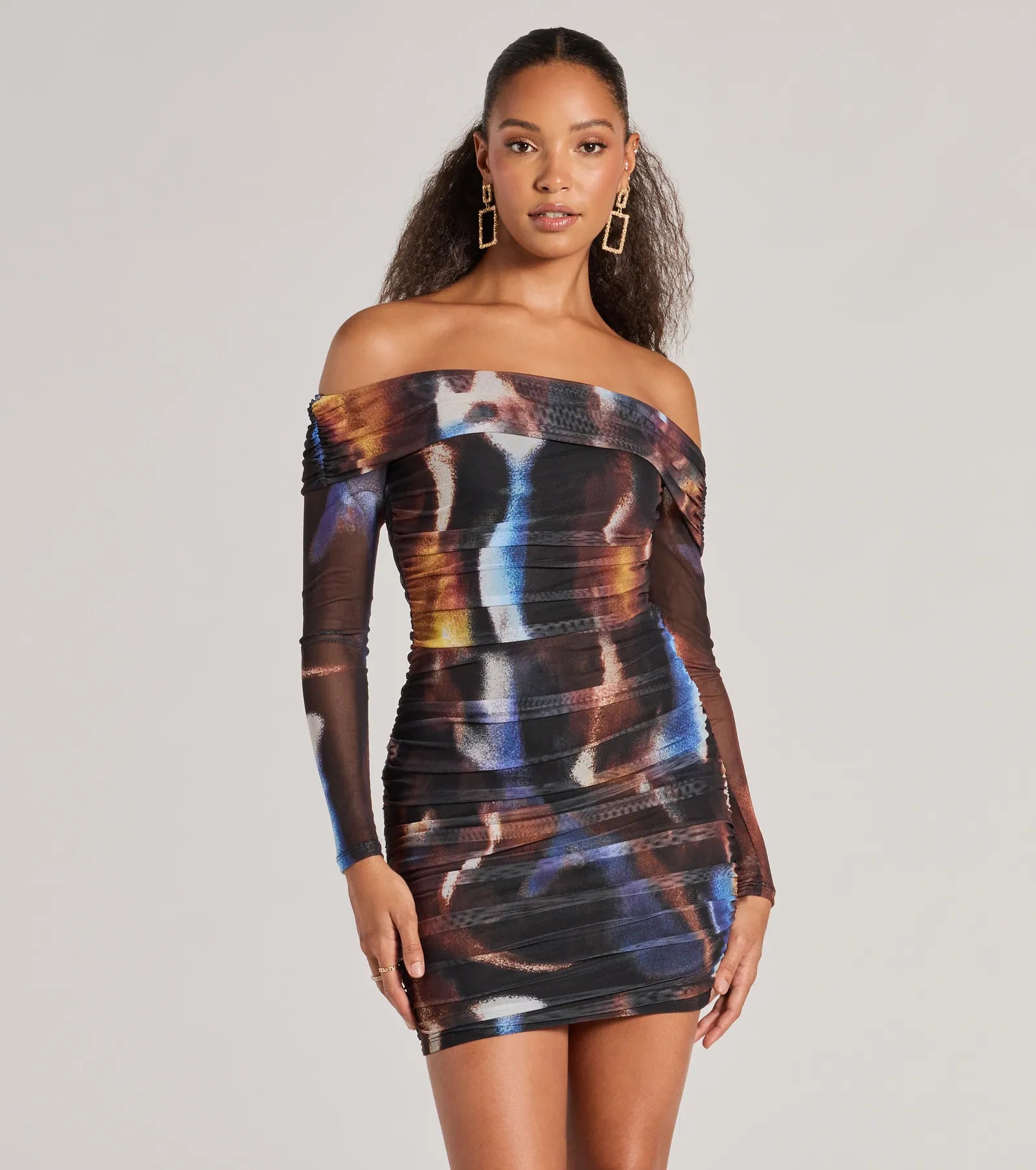 Always On Trend Off-The-Shoulder Abstract Mini Dress Fashionable Off-Shoulder Mini Dress