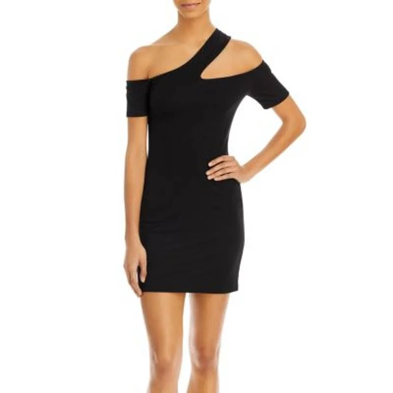 AQUA Ladies Black Ribbed Off the Shoulder Mini Dress w/ Cutout Detail Fashionable Button-Front Mini Dress