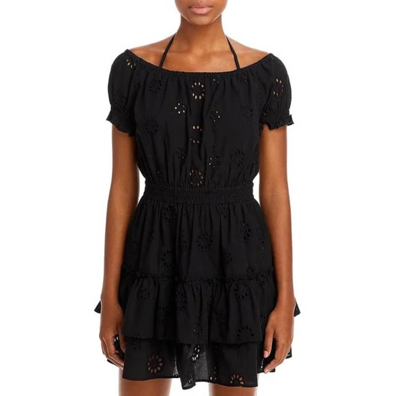 AQUA Ladies Black Smocked Floral Eyelet Mini Dress, Off-the-Shoulder Trendy Denim Mini Dress