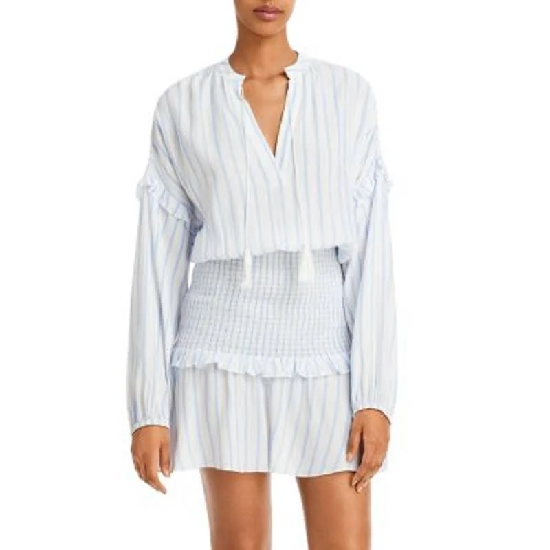 AQUA Ladies Blue & White Striped Long Sleeve Mini Dress w/ Smocked Waist Fashionable Off-Shoulder Mini Dress