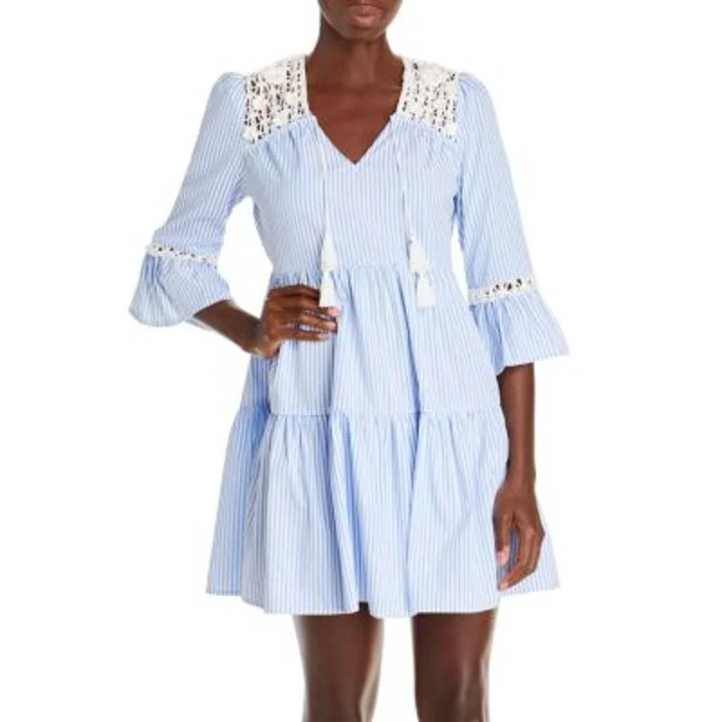 AQUA Ladies Blue & White Striped Mini Dress w/ Cream Crochet & Tassel Accents Elegant Mini Dress with Ruffles