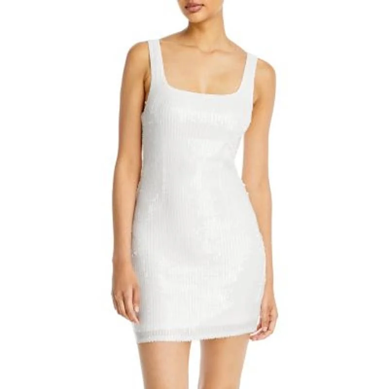 AQUA Ladies Sleeveless White Sequin Bodycon Mini Dress Cozy Ribbed Mini Dress