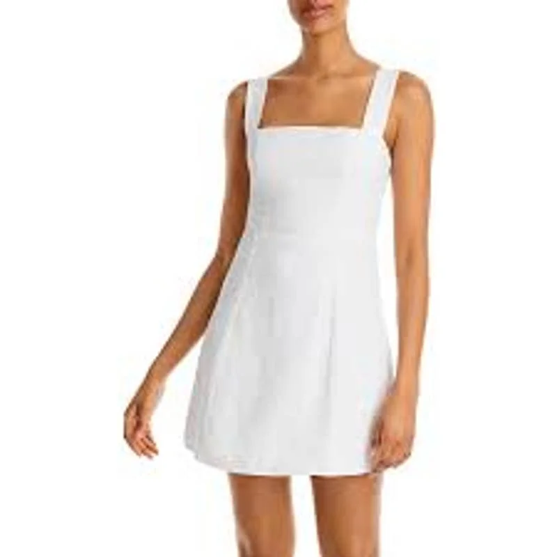 AQUA Ladies White Linen Square Neck Mini Dress, Sleeveless Chic Sleeveless Mini Dress