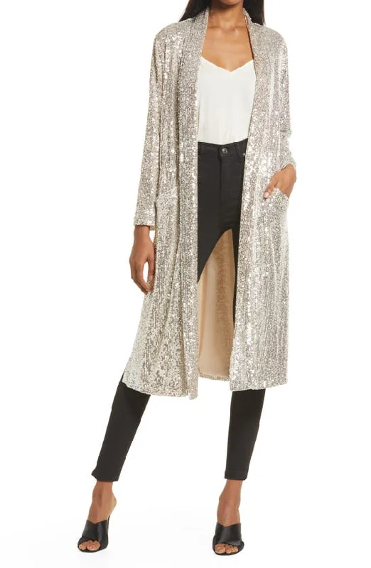 Steve Madden Show Stopper Sequin Jacket - Silver Zippered Front Buttoned Front Snap Front