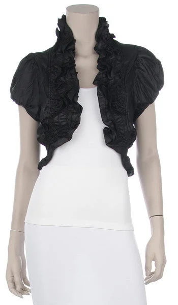 Black Ruffled Bolero Jacket Short Sleeve Ruffled Black Bolero Jacket Snapped Jacket Toggled Jacket Drawstring Jacket