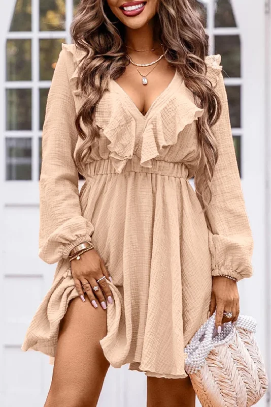 Blue Zone Planet |  Khaki Textured Ruffled V Neck High Waist Mini Dress Cozy Ribbed Mini Dress