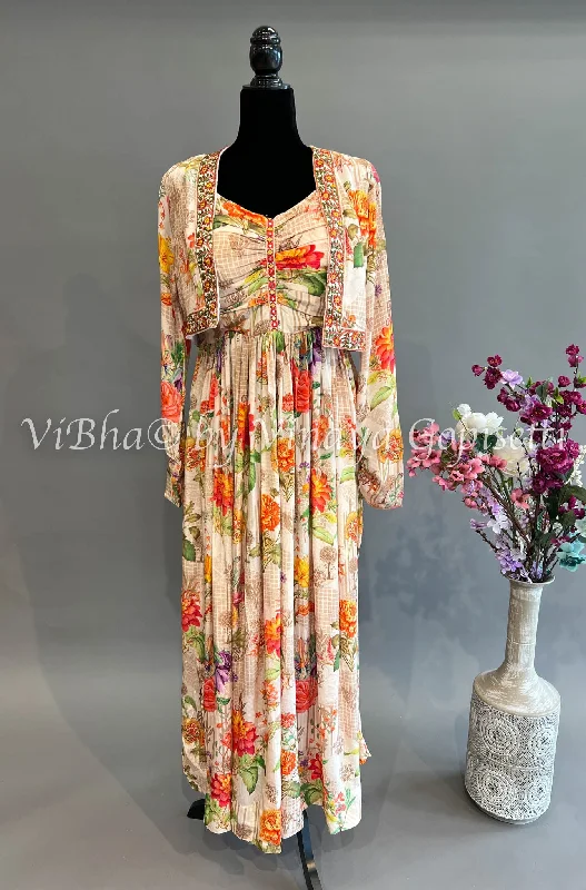 Cream Floral Print Sleeveless Gown WIth Jacket Anorak Shell Jacket Lightweight Jacket