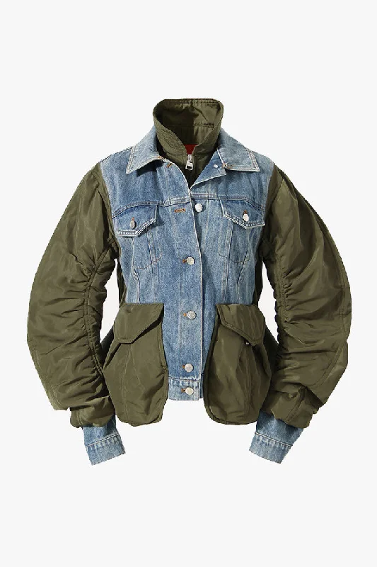 Durable Double Collar Cargo Pocket Nylon Hybrid Padded Denim Jacket Zippered Jacket Buttoned Jacket Snapped Jacket