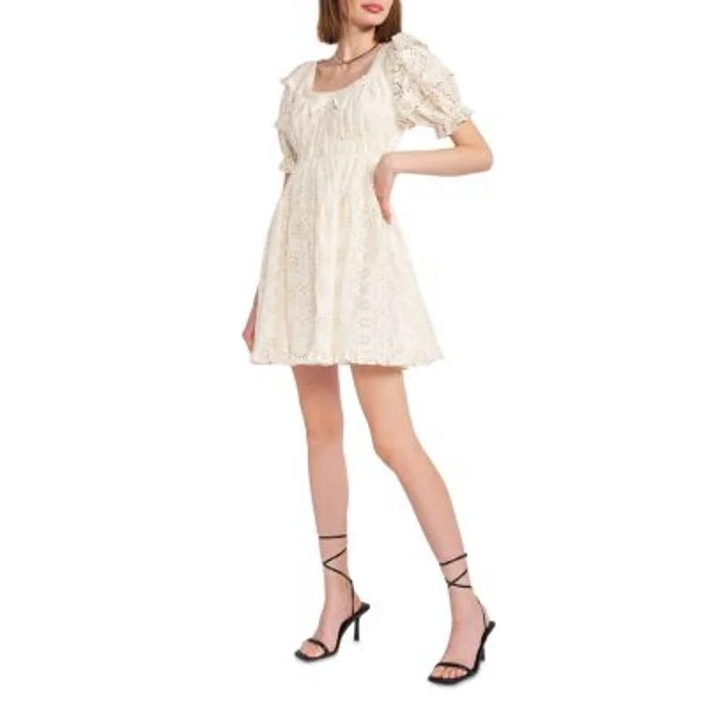 En Saison Ladies Off White Cream Eyeley Mini Dress Fashionable Mini Dress with Slits