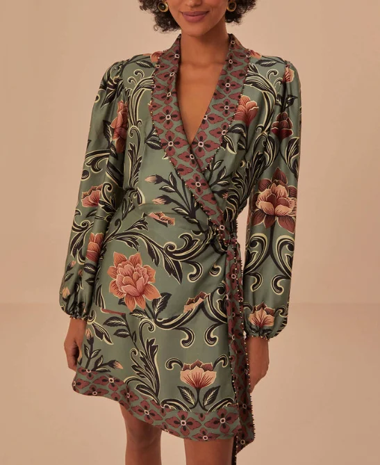 Farm Rio Arabesque Floral Green Long Sleeve Mini Dress Comfortable Wrap Mini Dress