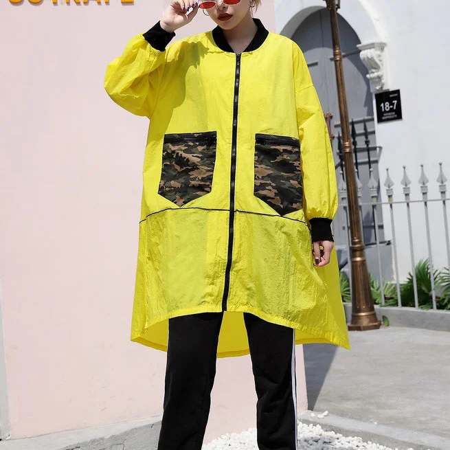 Fashion yellow thin Coat casual low high cardigans Fashion big pockets jackets Bomber Jacket Anorak Windbreaker