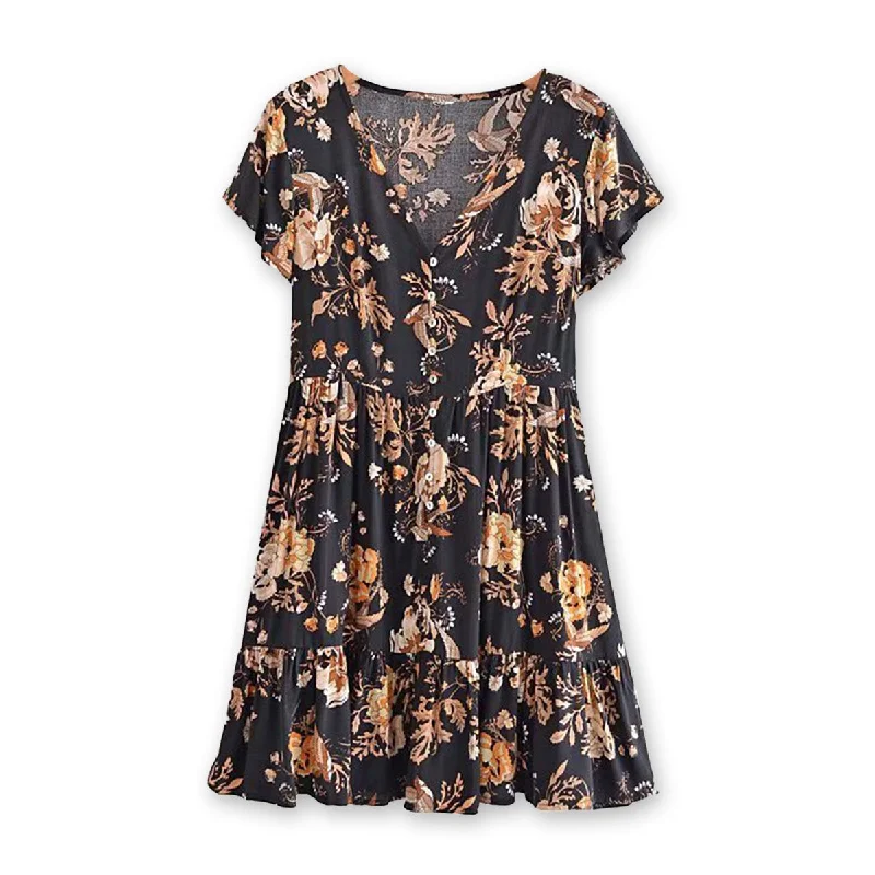 Flirty Bird Boho Floral Print Mini Dress Fashionable Button-Front Mini Dress