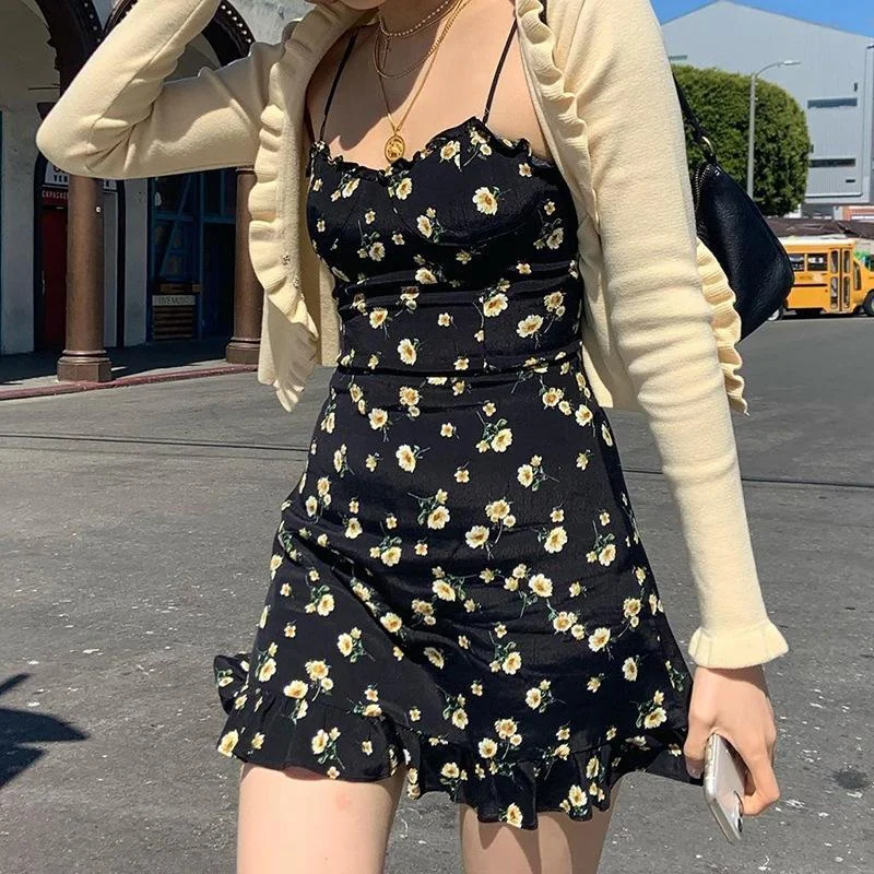 Floral Spaghetti Strap Mini Dress Casual Mini Dress with Pockets