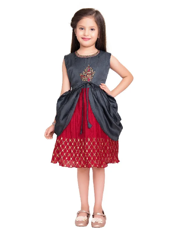 Girls Red & Grey Embroidered Layered Fit & Flare With Jacket Party Wear Frock For Girls Tailored Jacket Straight Jacket A-Line Jacket