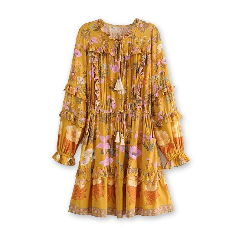 Golden Hour Boho Floral Print Long Sleeve Mini Dress Classic Floral Mini Dress