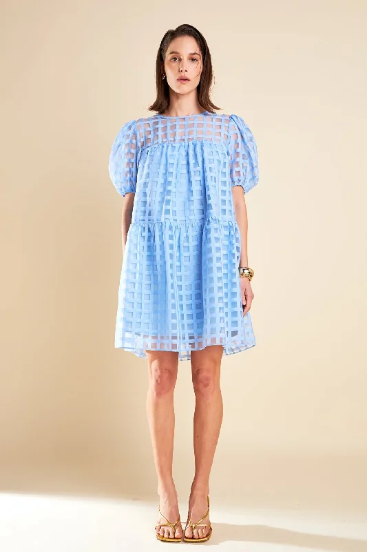 English Factory - Gridded Organza Mini Dress Fashionable Boho-Chic Mini Dress