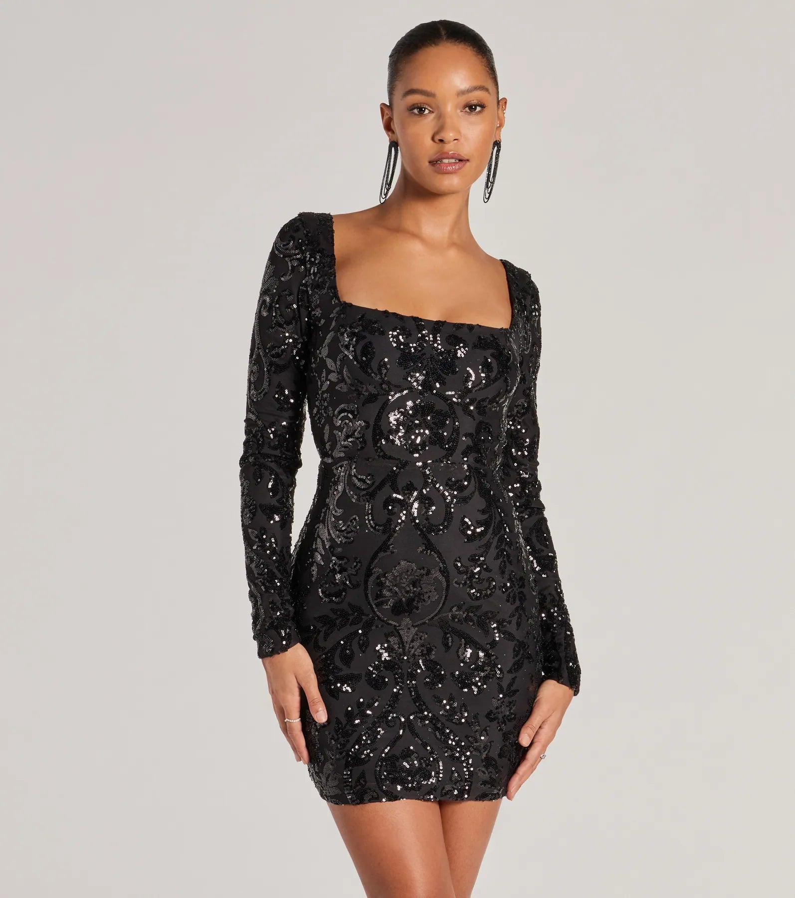 Janine Lace-Up Long Sleeve Bodycon Sequin Mini Dress Classic Solid Mini Dress