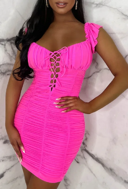 Juicy Hot Pink Stretch Ruched Lace Up Mesh Mini Dress Limited Edition Trendy Floral Mini Dress