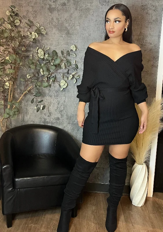 Knit Sweater Mini Dress (Black) Trendy Mesh Mini Dress