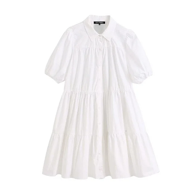 women 2020 Sweet Fashion Ruffled White Mini Dress Vintage Lapel Collar Puff Sleeve Female Dresses Chic Vestidos Mujer Trendy Crossover Mini Dress