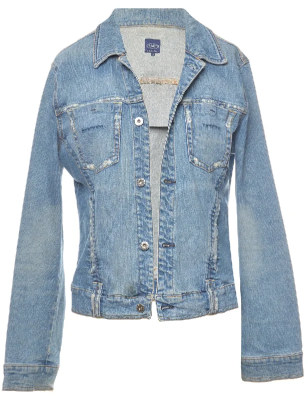 Light Wash Denim Jacket - L Hooded Jacket Caped Jacket Shawl Collar Jacket