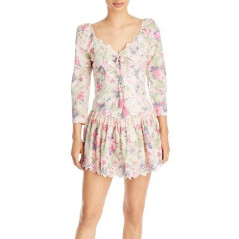 Love Shack Fancy Ladies Floral Print 3/4 Sleeve "Deeba" Mini Dress Comfortable One-Shoulder Mini Dress
