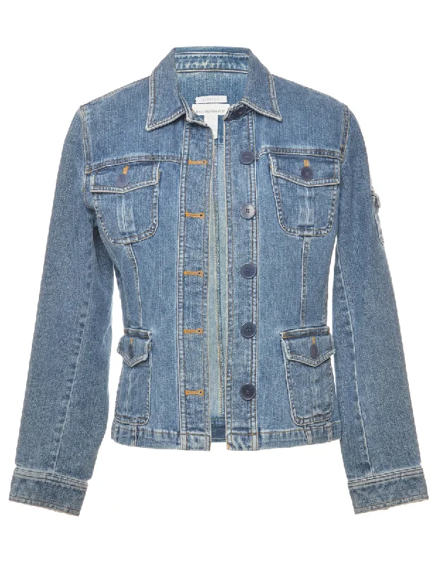 Medium Wash Denim Jacket - S Welt Pockets Slit Pockets Flap Pockets