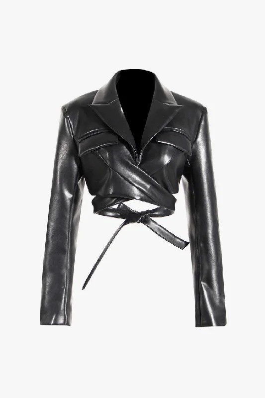 Moto Lapel Strong Shoulder Long Sleeve Wrap Faux Leather Biker Jacket Herringbone Jacket Checkered Jacket Solid Jacket