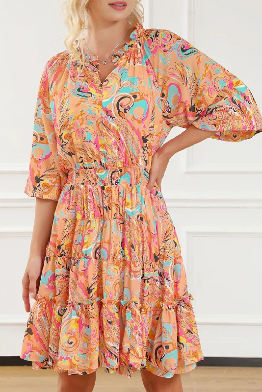 Multicolour Paisley Print Frilled Mini Dress Cozy Ribbed Mini Dress