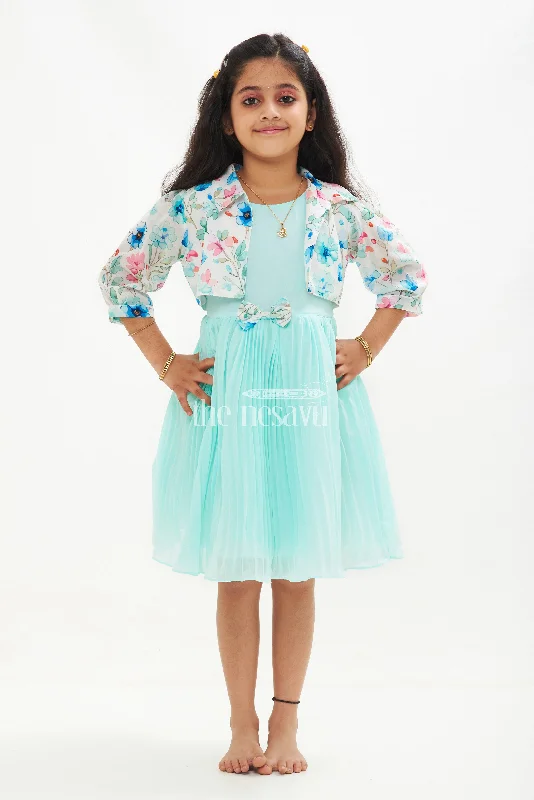 Girls Blue Layered Fancy Frock with Floral Jacket and Ruffled Hemline A-Line Jacket Boat Neck Shawl Collar