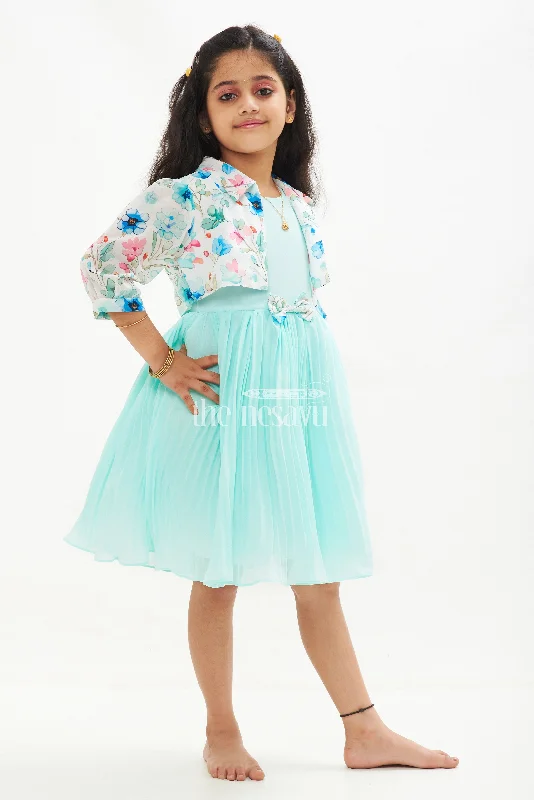 Sky Blue Georgette Pleated Frock with Floral Jacket for Girls Rayon Jacket Velvet Jacket Corduroy Jacket