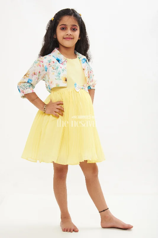 Yellow Georgette Pleated Frock with Floral Jacket for Girls Snapped Jacket Toggled Jacket Drawstring Jacket