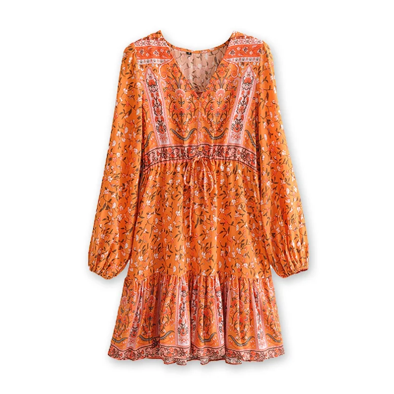 Orange Blossom Boho Floral Print Long Sleeve Mini Dress Fashionable Lace Mini Dress