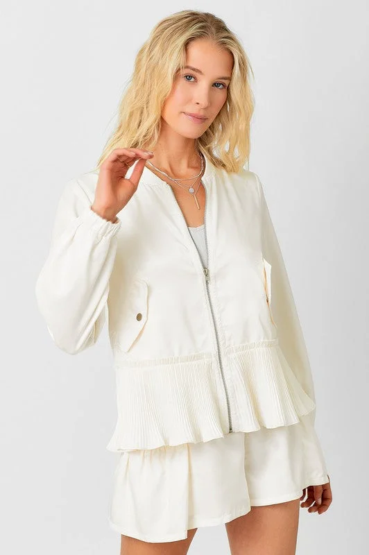 Peplum Hem Bomber Jacket Front Pockets Side Pockets Patch Pockets