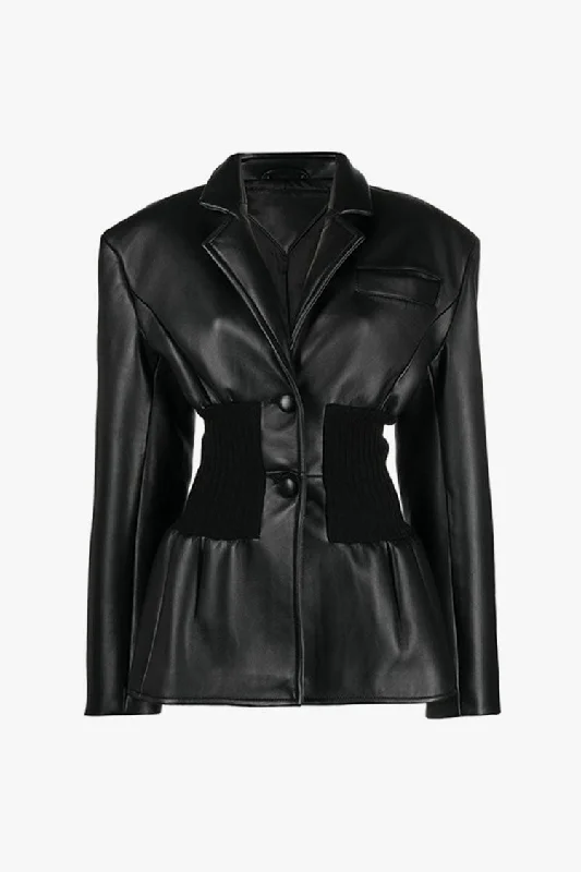 Powerful Notch Lapel Ribbed Knit Paneled Peplum Faux Leather Jacket Nylon Jacket Polyester Jacket Spandex Jacket