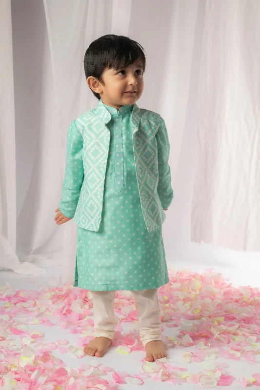 Pre-Order: Green Bandhej Kurta Nehru Jacket Set Striped Jacket Polka Dot Jacket Floral Jacket