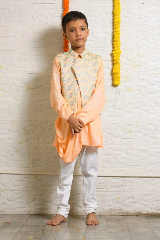 Pre-Order: Peach Drape Kurta with Heavy Embroidered Asymmetrical Jacket Set Fleece Jacket Down Jacket Feather Jacket