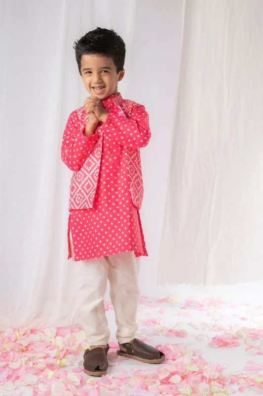 Pre-Order: Pink Bandhej Kurta Nehru Jacket Set Lace Jacket Ribbed Jacket Sequined Jacket