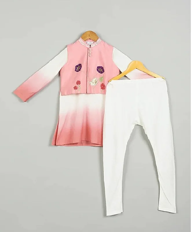 Pre-Order: Pink Shaded Kurta with Embroidered Jacket Set Striped Jacket Polka Dot Jacket Floral Jacket