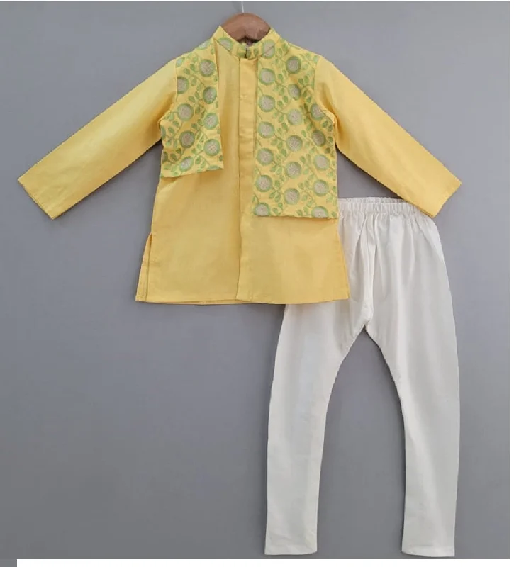 Pre-Order: Yellow and Green Heavy Embroidery attached Jacket Kurta Set Collared Jacket Crew Neck Jacket Turtle Neck Jacket