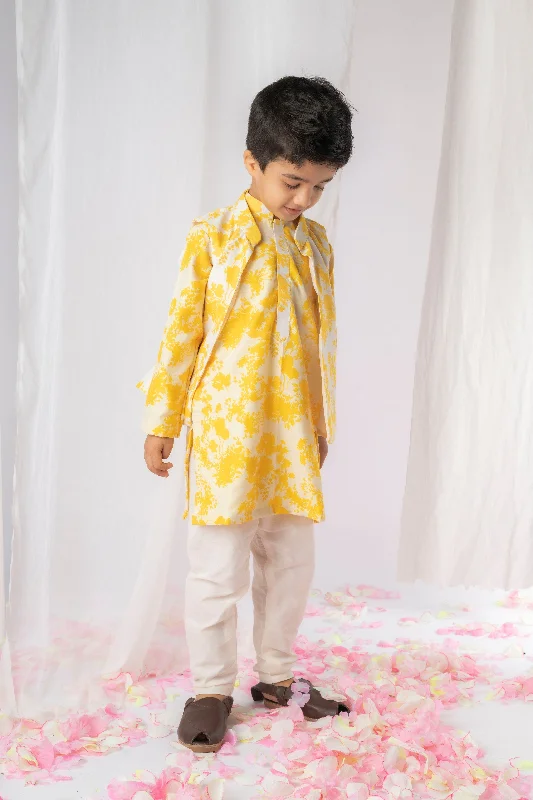 Pre-Order: Yellow White Floral Kurta Nehru Jacket Set Wool Jacket Cashmere Jacket Tweed Jacket