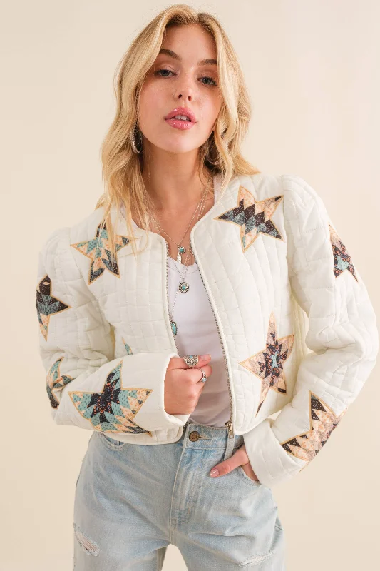 Quilted Star Embroidered Jacket Cardigan Sweater Pullover