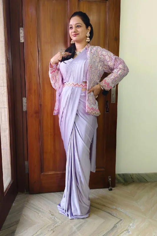 Ready to Wear Drape Saree With Belt And Jacket in Lavender Hoodie Zip-Up Jacket Button-Up Jacket