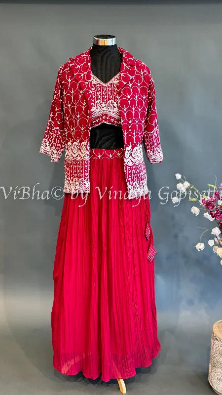 Red thread embroidered Lehenga with Jacket Fleece Jacket Down Jacket Parka