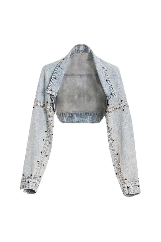 Retro Drop Shoulder Long Sleeve Open Front Studded Crop Denim Bolero Jacket Tiered Jacket Buttoned Jacket Zippered Jacket