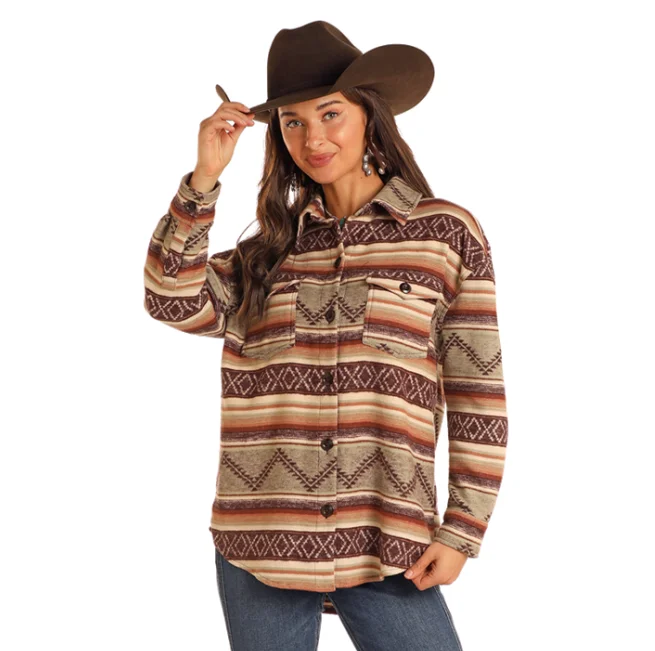 Rock & Roll Cowgirl Women's Jade Aztec Shirt Jacket BW92C05268 Knit Fabric Woven Fabric Fleece Fabric