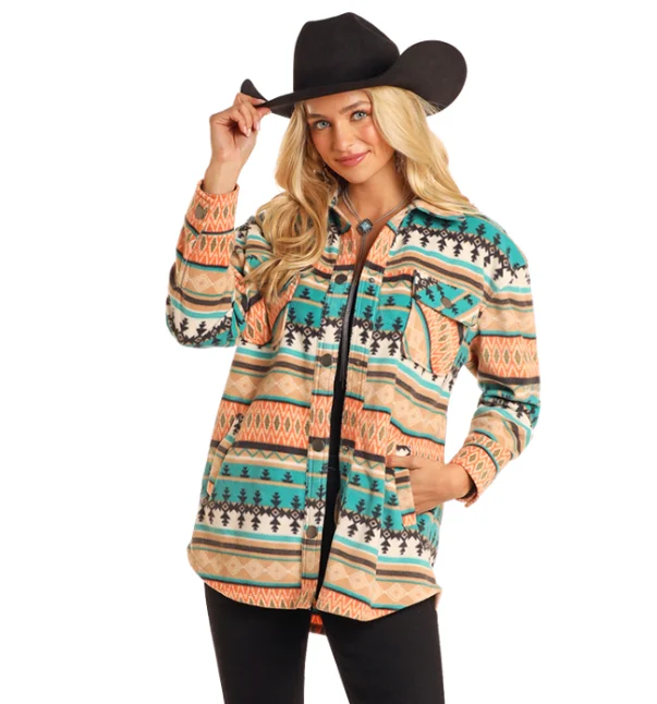 Rock & Roll Cowgirl Women's Turquoise Aztec Fleece Shirt Jacket BW92C05212 Faux Fur Fabric Real Fur Fabric Shearling Fabric