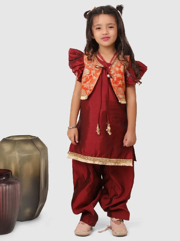 Pre-Order: Salwar Kurti set with  jacket Maroon and orange Knit Fabric Woven Fabric Fleece Fabric