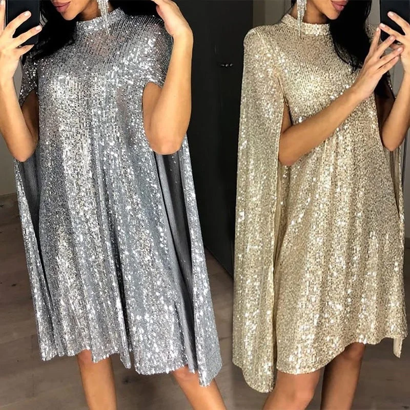 Silver gold sequins shining cape dress | long sleeves mini dress party prom dress Cozy Wraparound Mini Dress