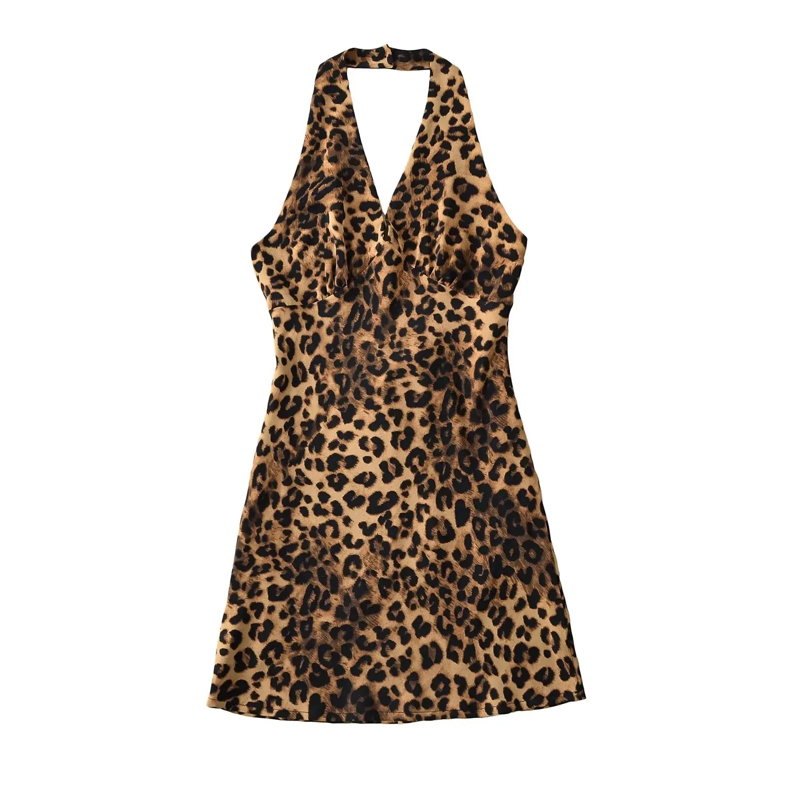Sleeveless V-NeckHalter Leopard Print Mini Dress Casual High-Waist Mini Dress
